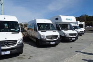 fleet of motorhomes lined up